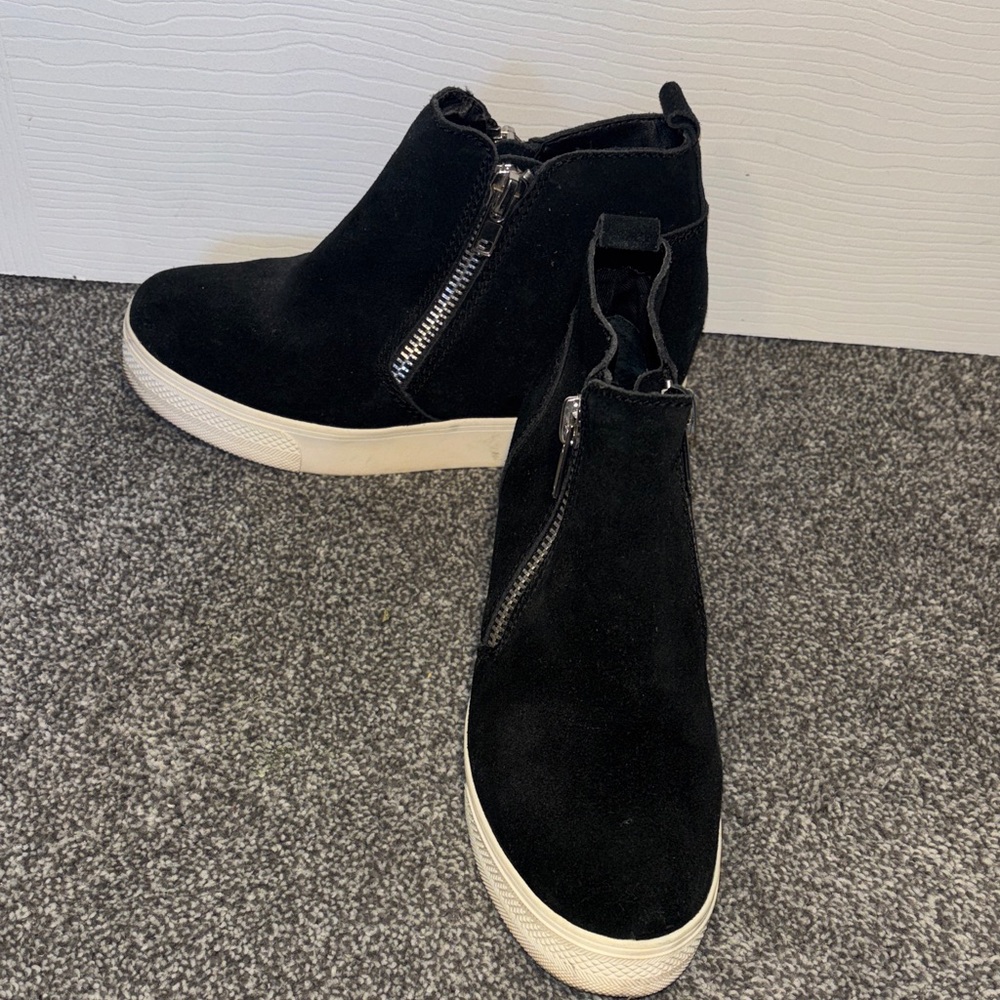 Black Suede Wedge Sneaker Boot with Side Zippers size 6.5M